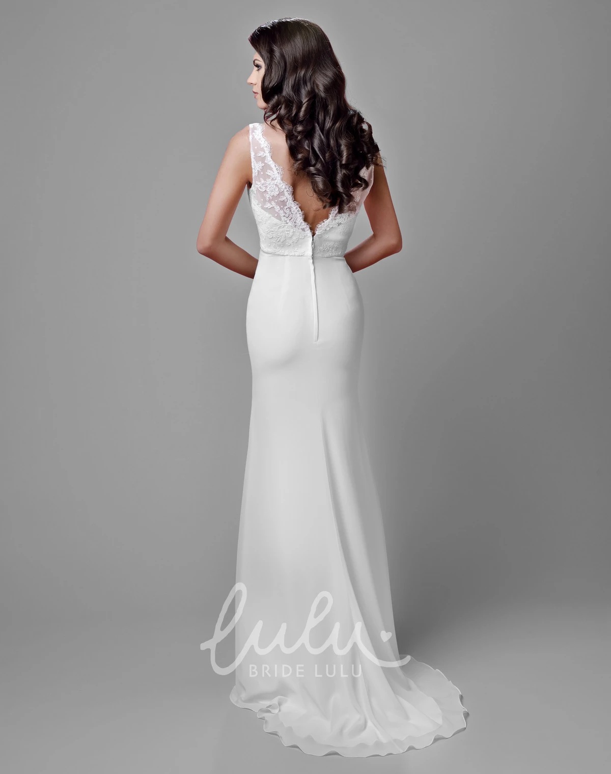 Sleeveless V-Neck Sheath Chiffon Gown with Lace Bodice Classy Bridal Dress