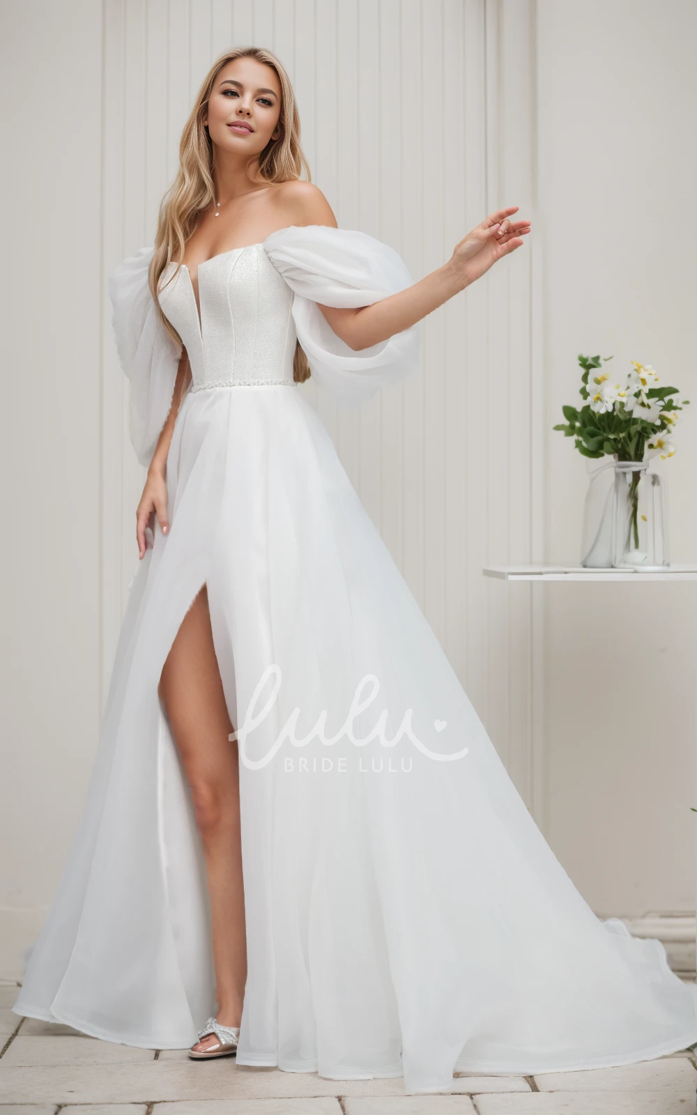 Ethereal Flowy A-Line Off the Shoulder V-Neck Wedding Dress Elopement Sparkly Glitter Pearl Sleeveless Floor Length Split Front Bridal Gown