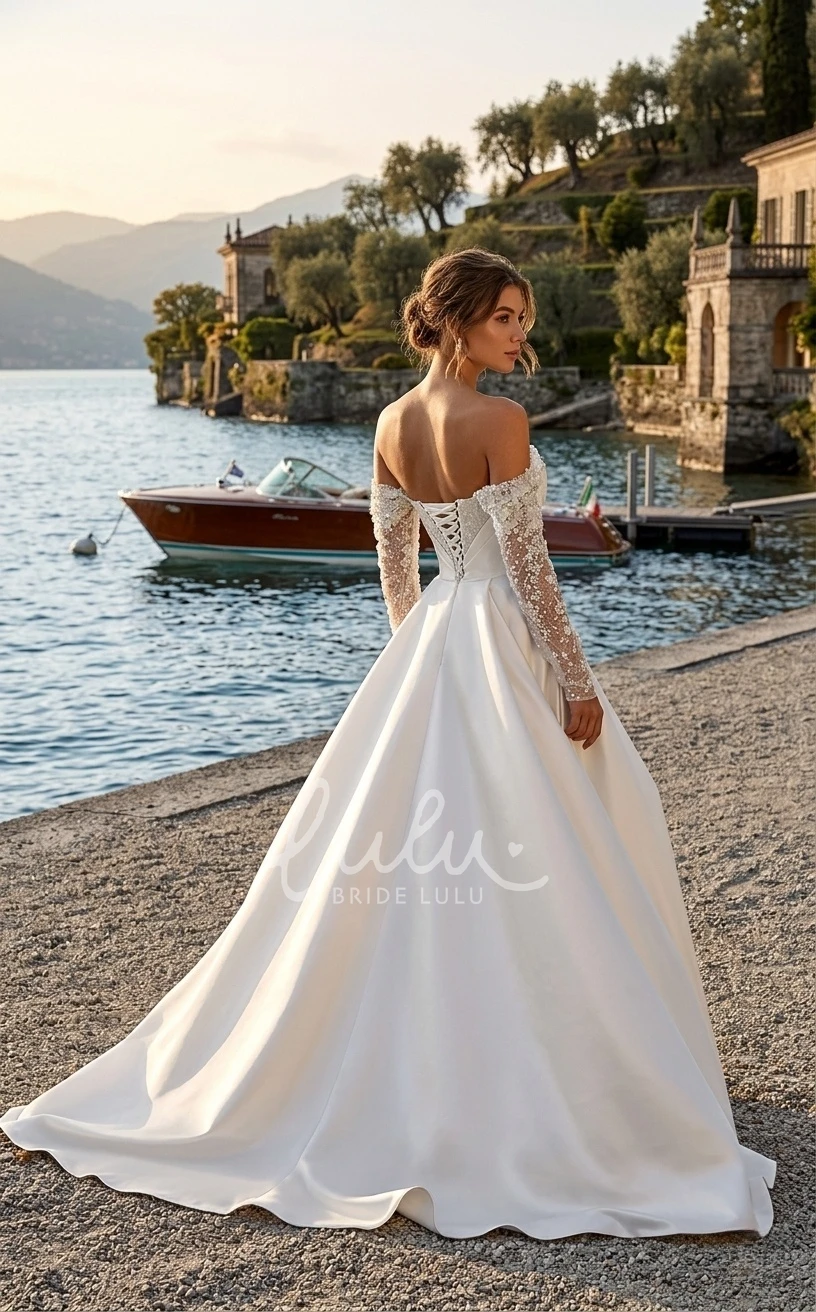 Romantic Modest A-Line Long Sleeve Ball Gown Spring Wedding Dress Modern Princess Off-Shoulder Illusion Sequined Satin Bridal Gown