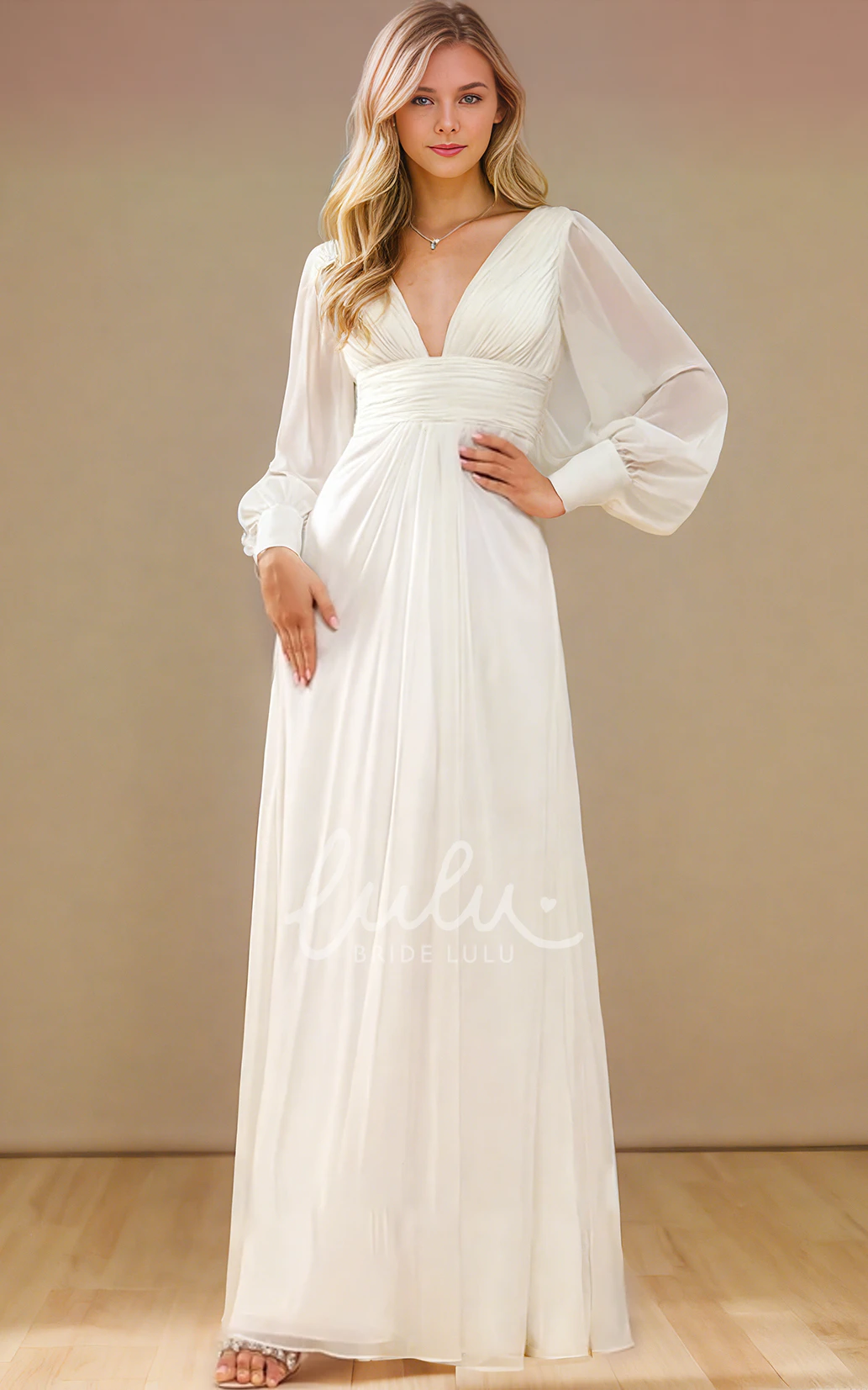 Sexy V Neck Simple Casual Long Sleeve Sheath Empire Floor-length Wedding Dress