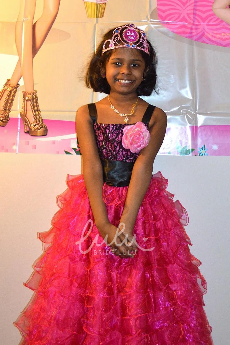 Floral Organza Flower Girl Dress with Sash Ankle-Length