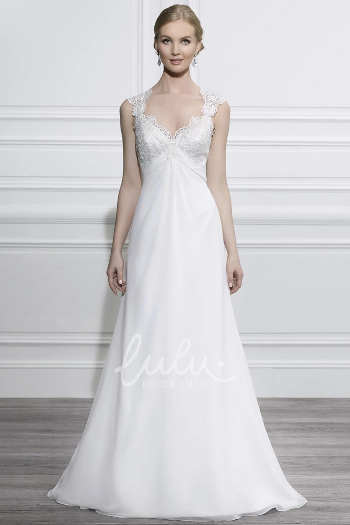 Cap-Sleeve Chiffon V-Neck Wedding Dress with Applique Detail and Court Train