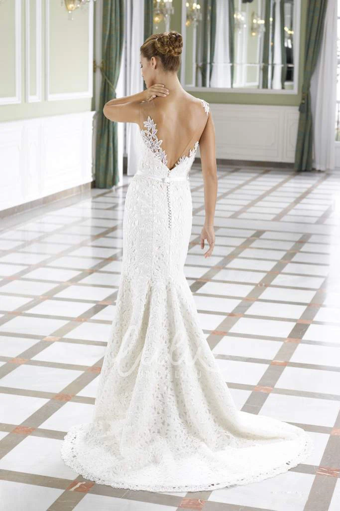 Scoop Neck Sleeveless Lace Wedding Dress in Sheath Style with Brush Train and Deep-V Back