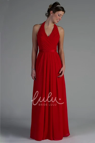 Pleated A-Line Chiffon Bridesmaid Dress with Satin Sash Halter Neck