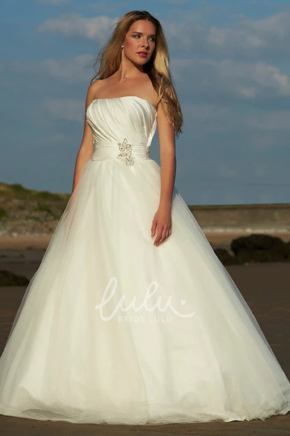 Strapless Tulle&Satin Broach Sleeveless Ball Gown Wedding Dress with Ruching Classic Wedding Dress