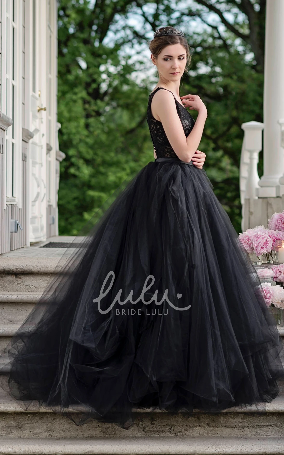 A-Line Sleeveless Floor-length Straps Lace Ruffles Sash Black Wedding Dress