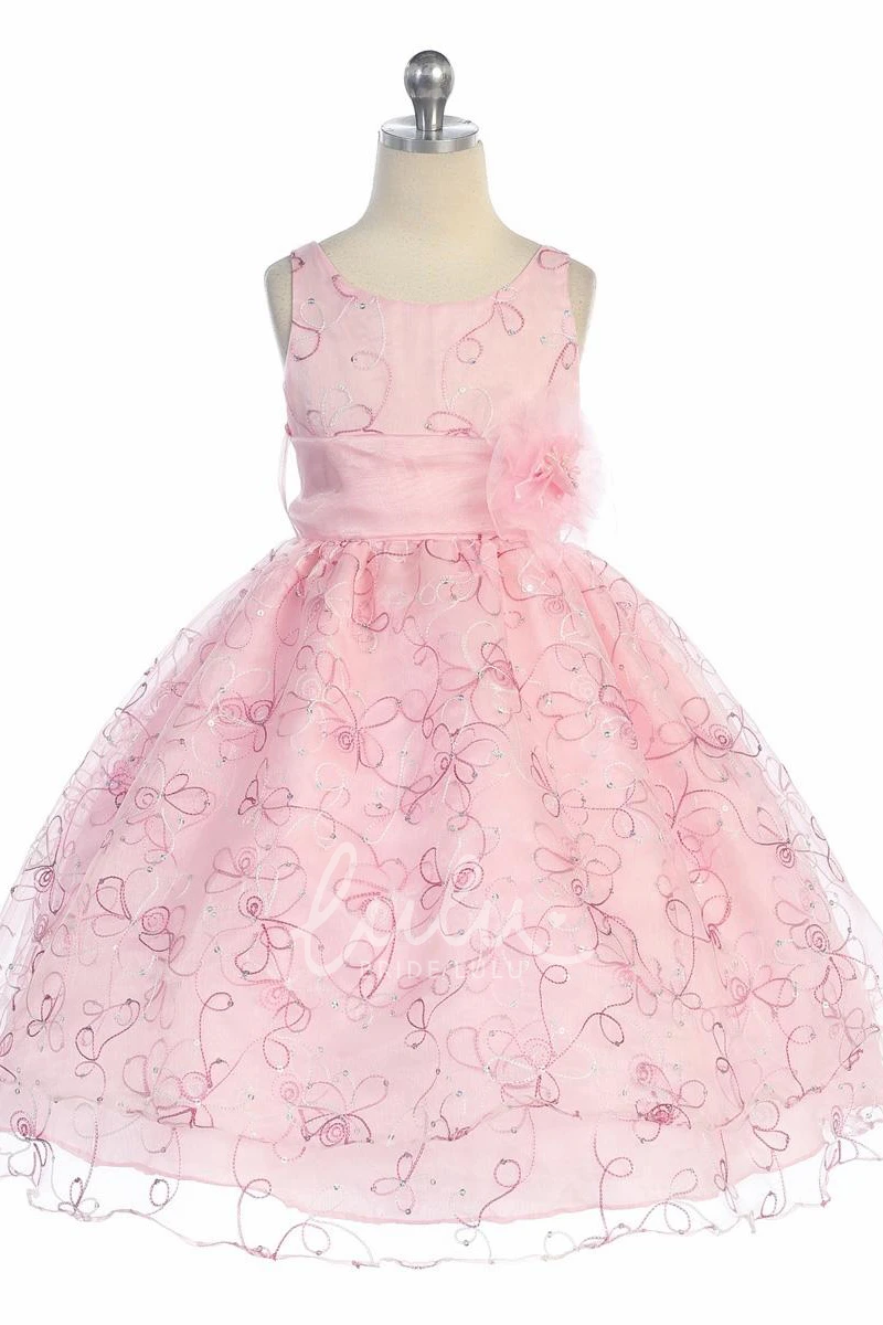 Sequined Embroidered Tea-Length Organza Flower Girl Dress with Sash