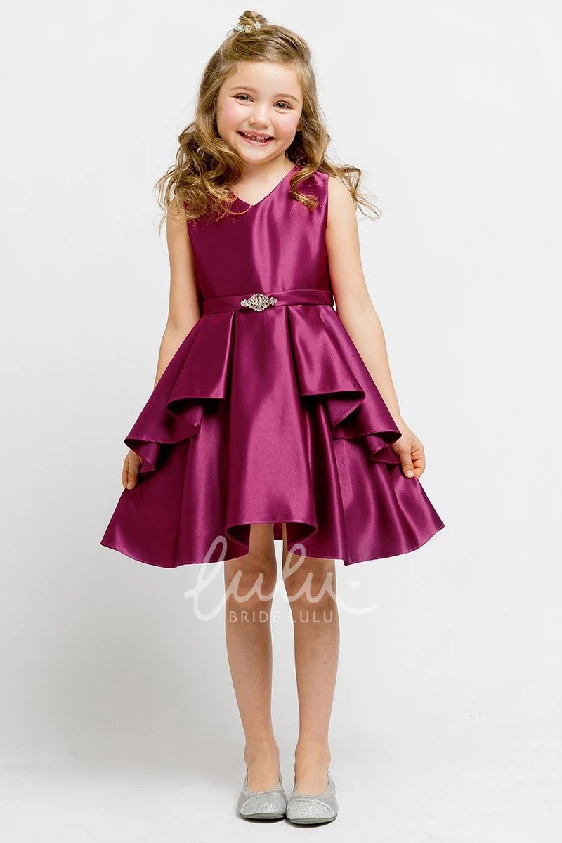Beaded Satin Flower Girl Dress with Split-Front Knee-Length