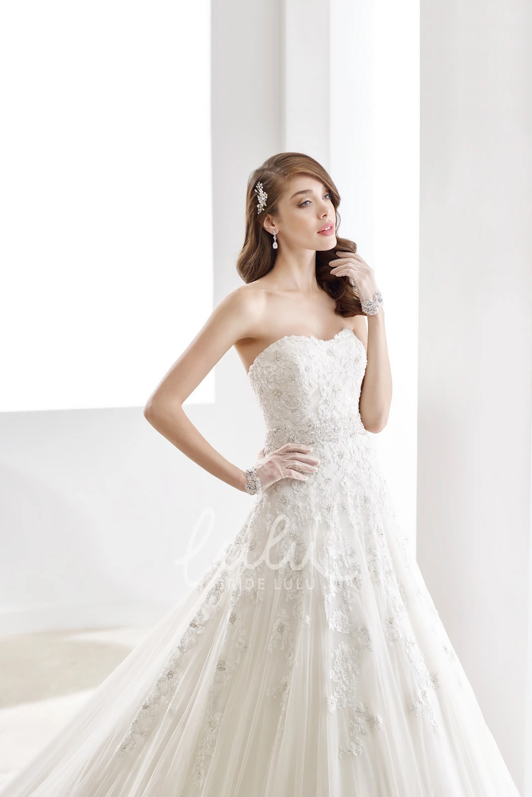 A-line Appliques Strapless Wedding Gown with Brush Train and Crystal Waist Simple Wedding Dress Women's Elegant