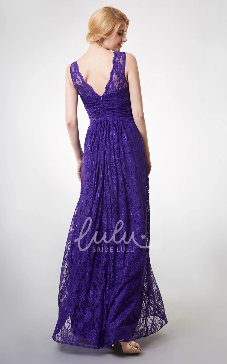 Long Lace Bridesmaid Dress with Country Style V-neck