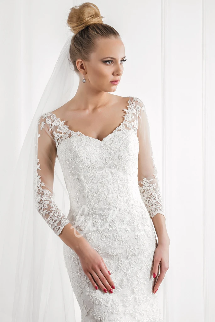 V-Neck Lace Wedding Dress with Court Train and 3/4 Sleeves Mermaid Bridal Gown
