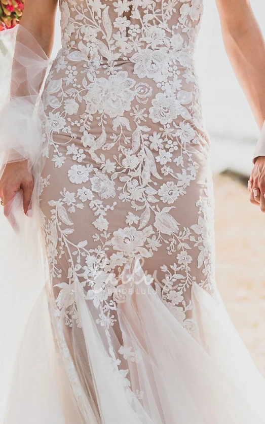 Mermaid Boho Beach Vintage V-neck Ethereal Fairy Wedding Dress with Lace Appliques