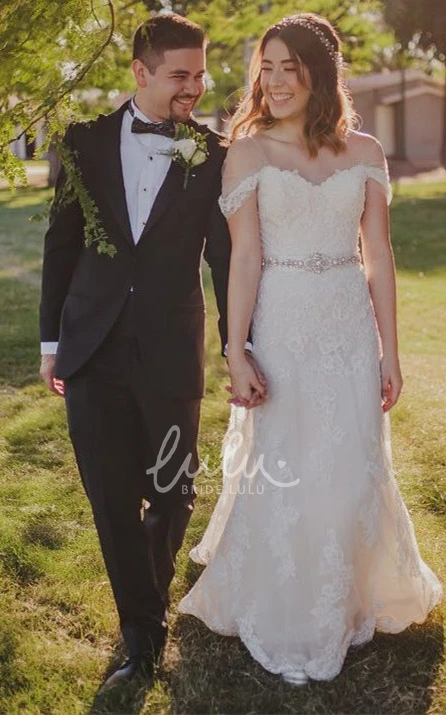 Ethereal Off-the-Shoulder Mermaid Lace Wedding Dress with Sash Unique Bridal Gown