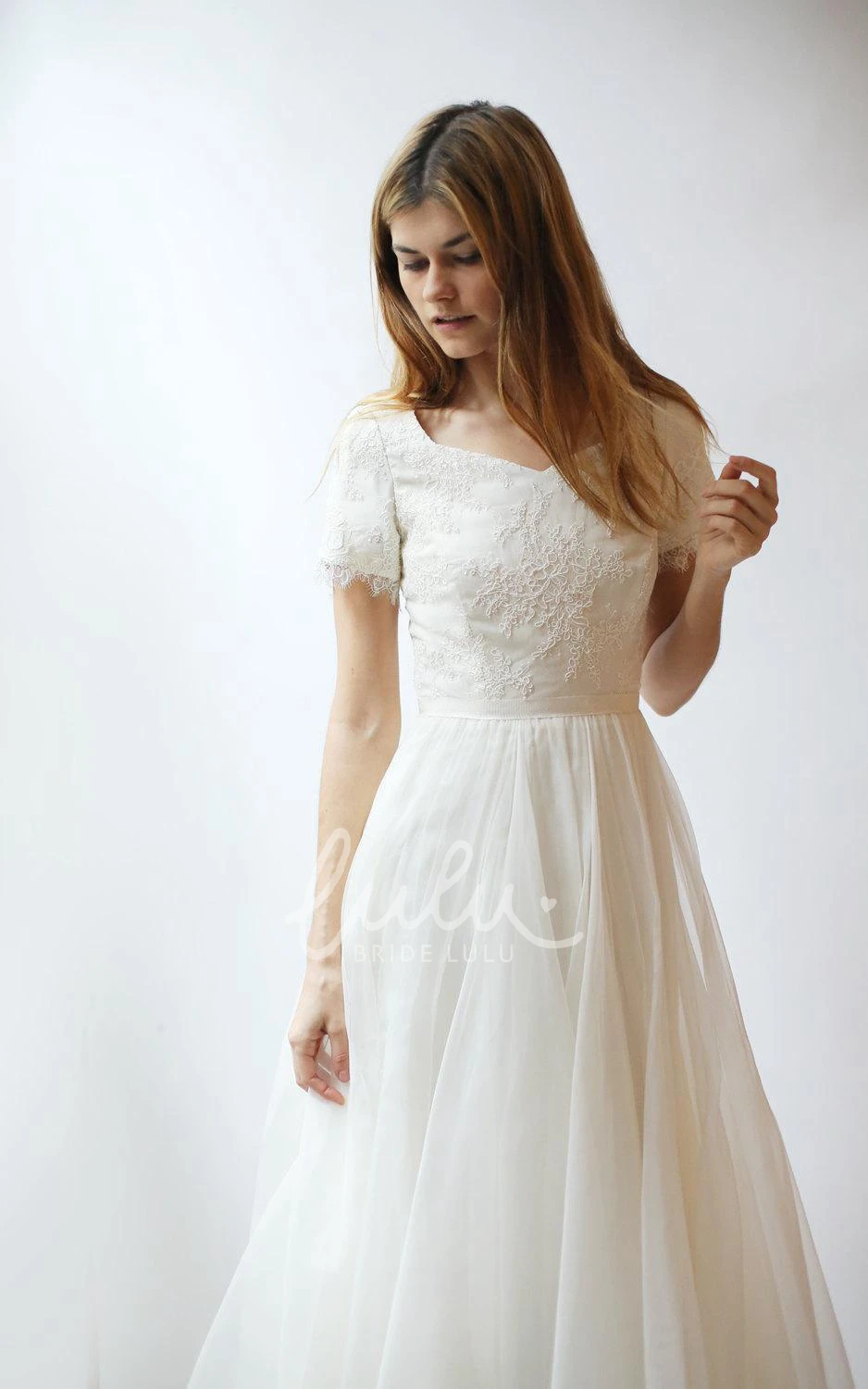A-Line Tulle Wedding Dress with Lace Bodice and Short Sleeves