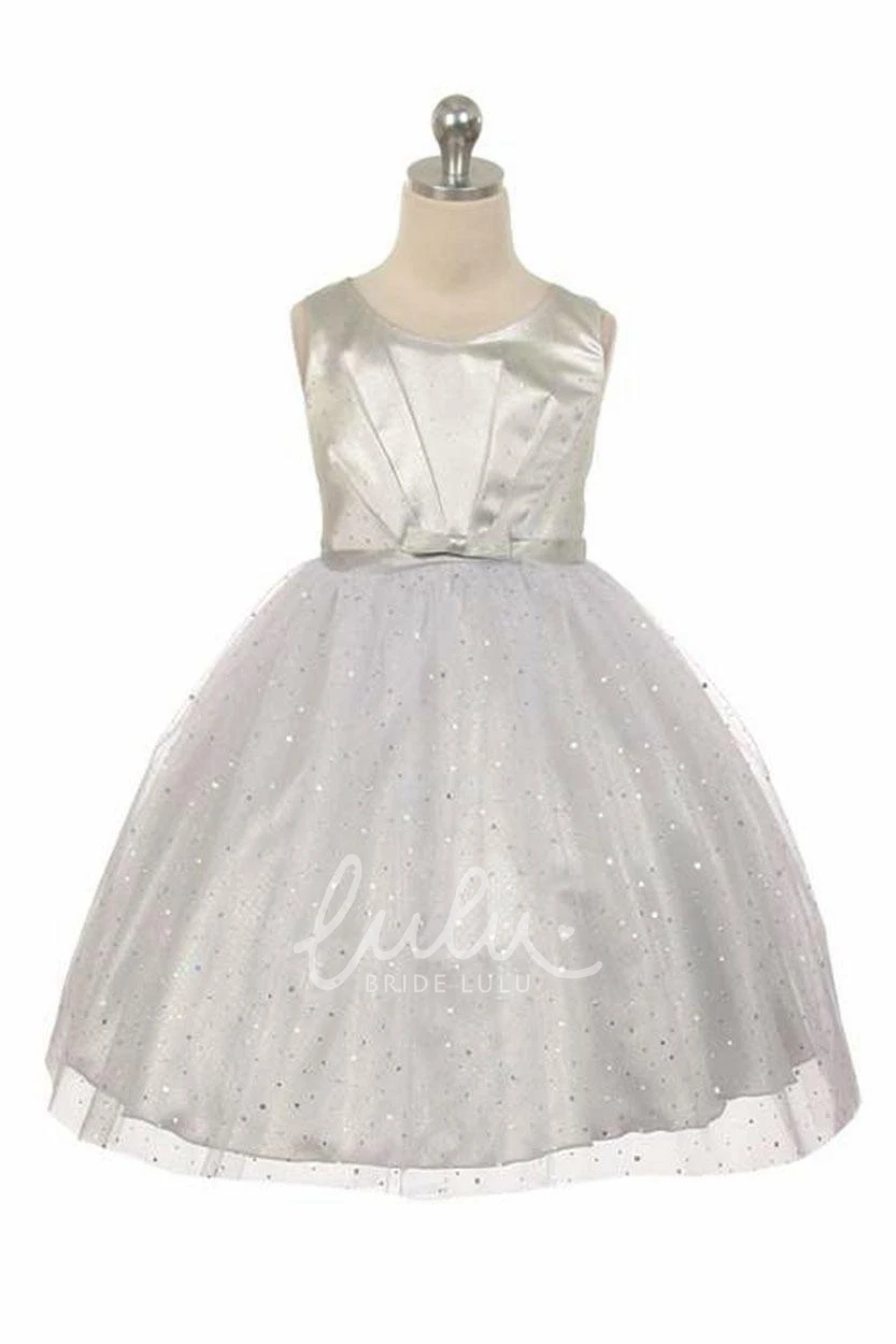 Tulle and Sequins Pleated Tea-Length Flower Girl Dress with V-Neck and Tiers Elegant Wedding Dress
