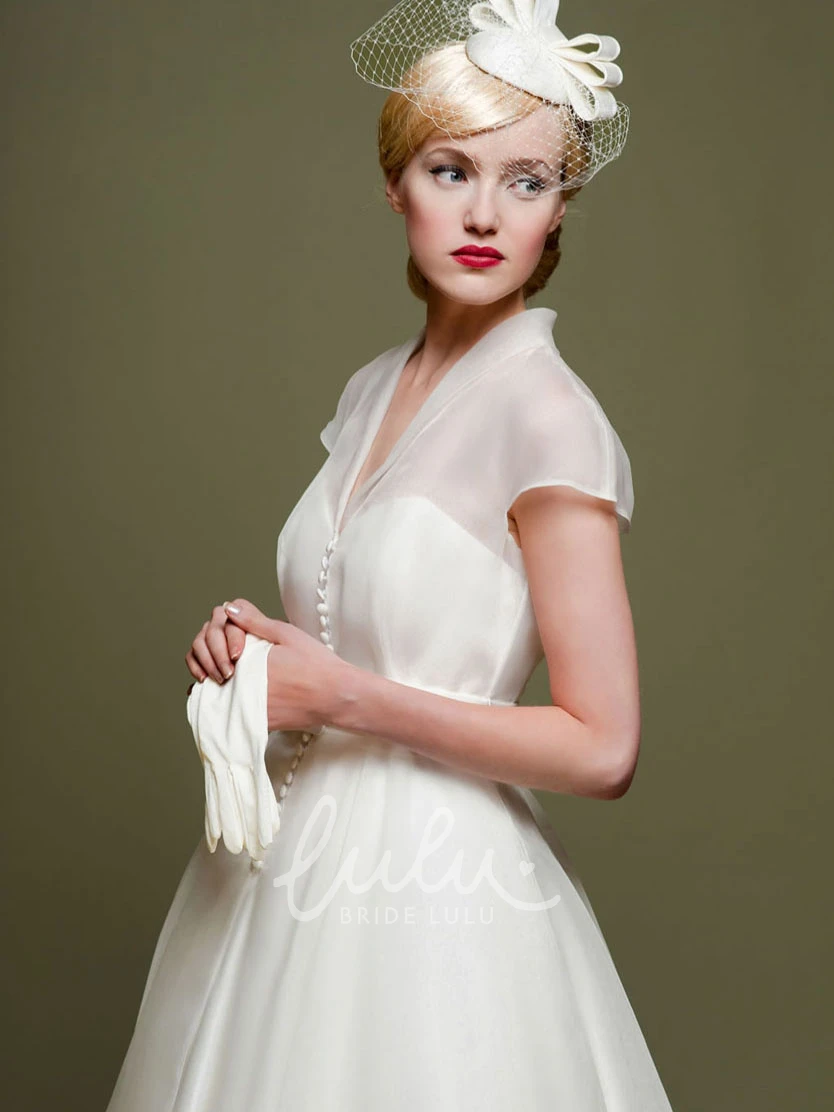 A-Line Tulle Cap Sleeve Wedding Dress with Ribboned V-Neck