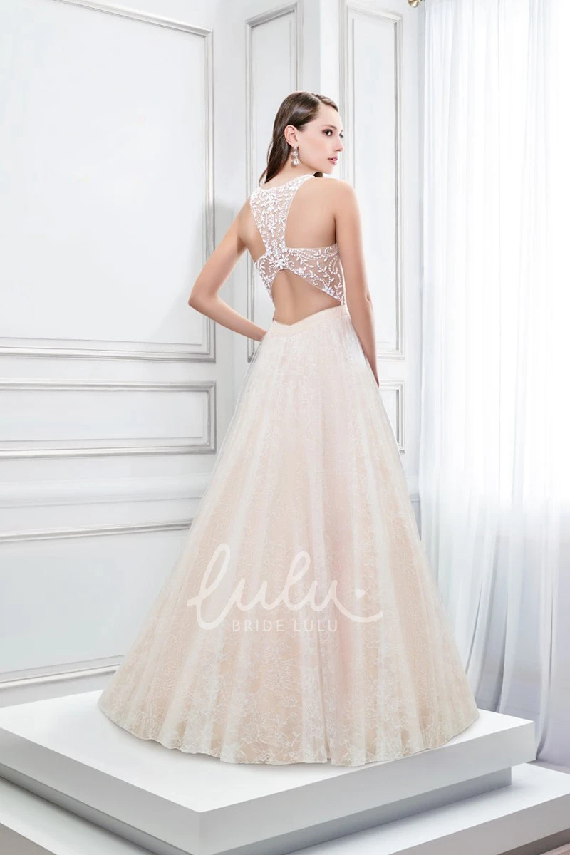 A-Line Beaded Lace Scoop Neck Prom Dress Sleeveless with Pleats