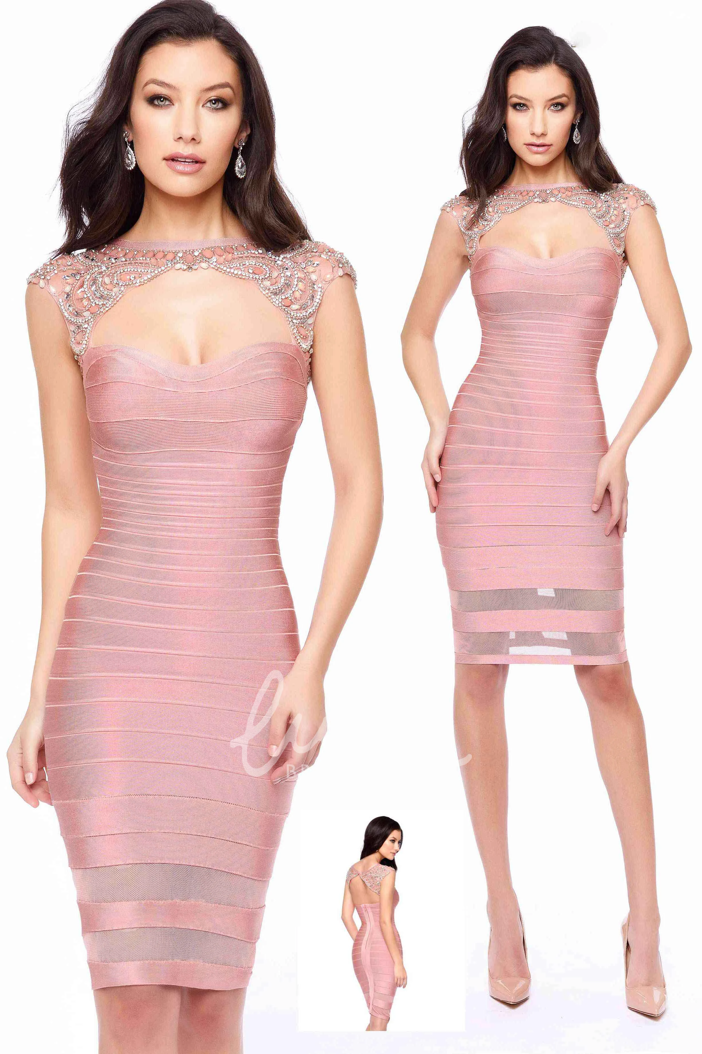 Knee-Length Cap-Sleeve Formal Dress with Keyhole and Beading