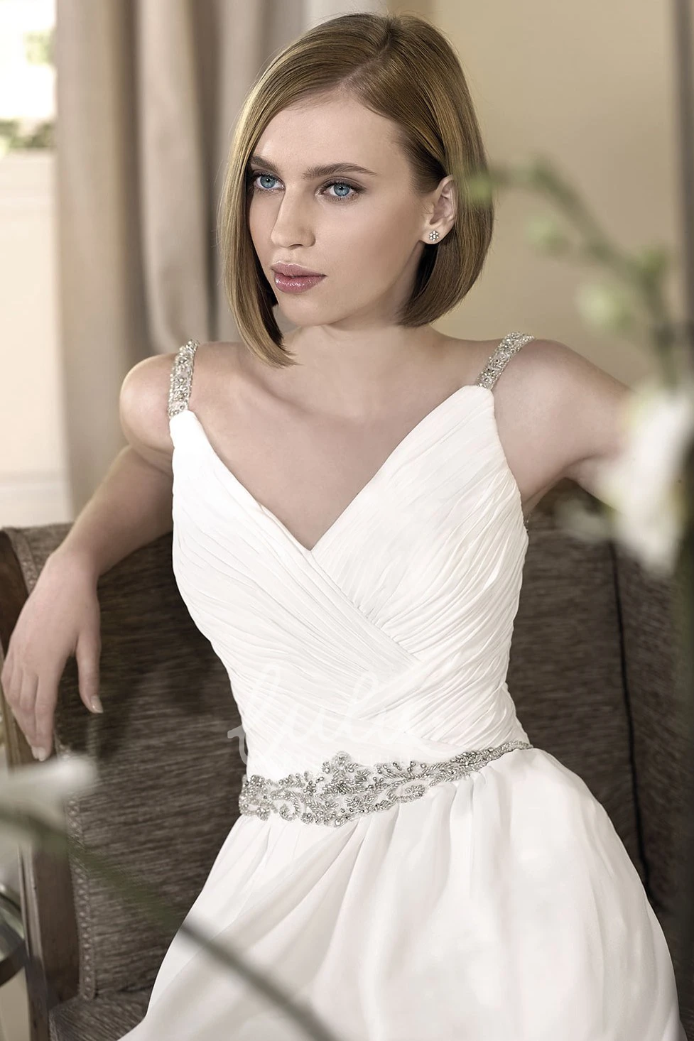 V-Neck Ruched Chiffon Wedding Dress with Waist Jewelry Sleeveless Sheath