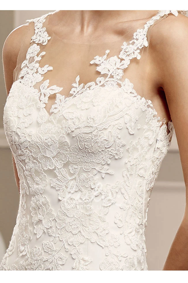 Long Sleeveless Lace Wedding Dress with Illusion and Court Train Scoop Neckline