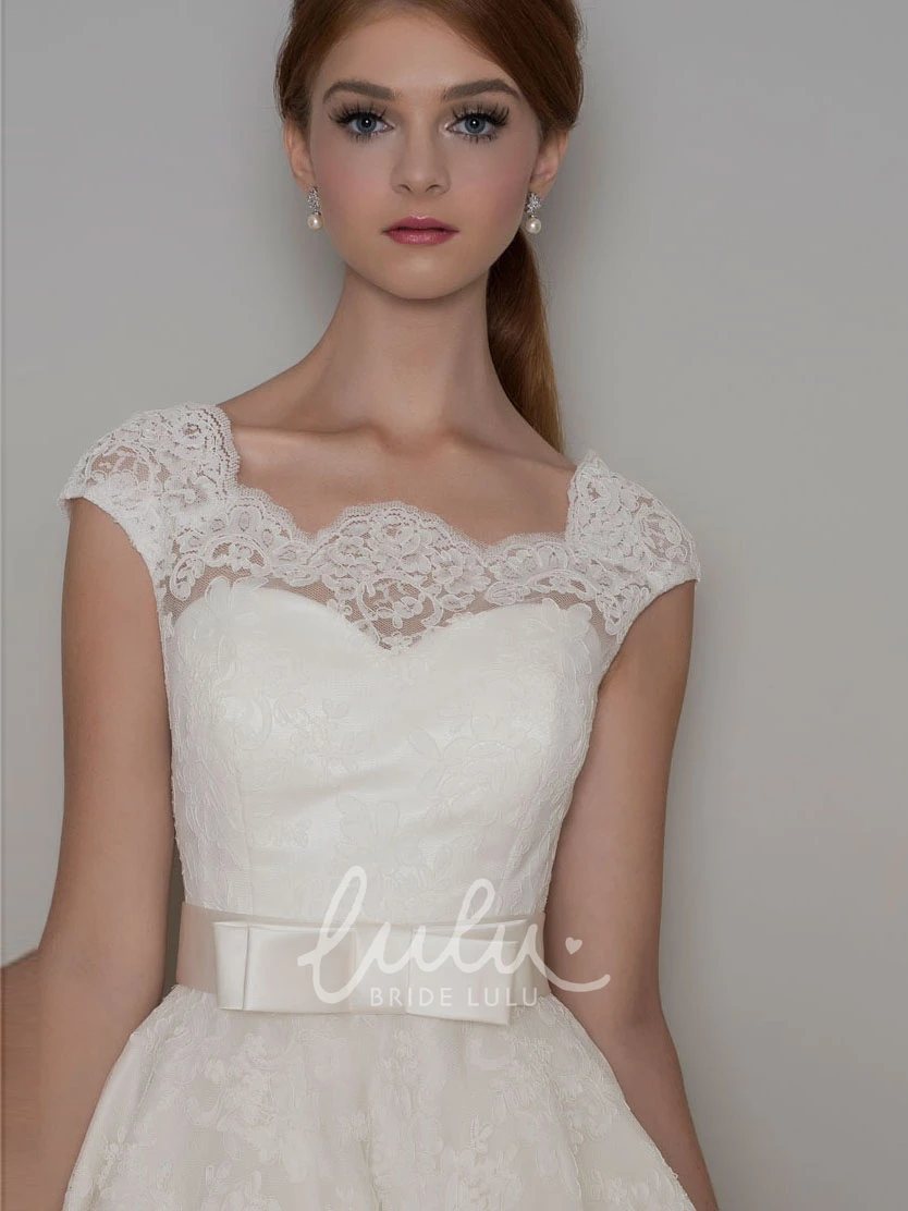 A-Line Lace Wedding Dress Tea-Length Cap Sleeve Square Neck Ribboned
