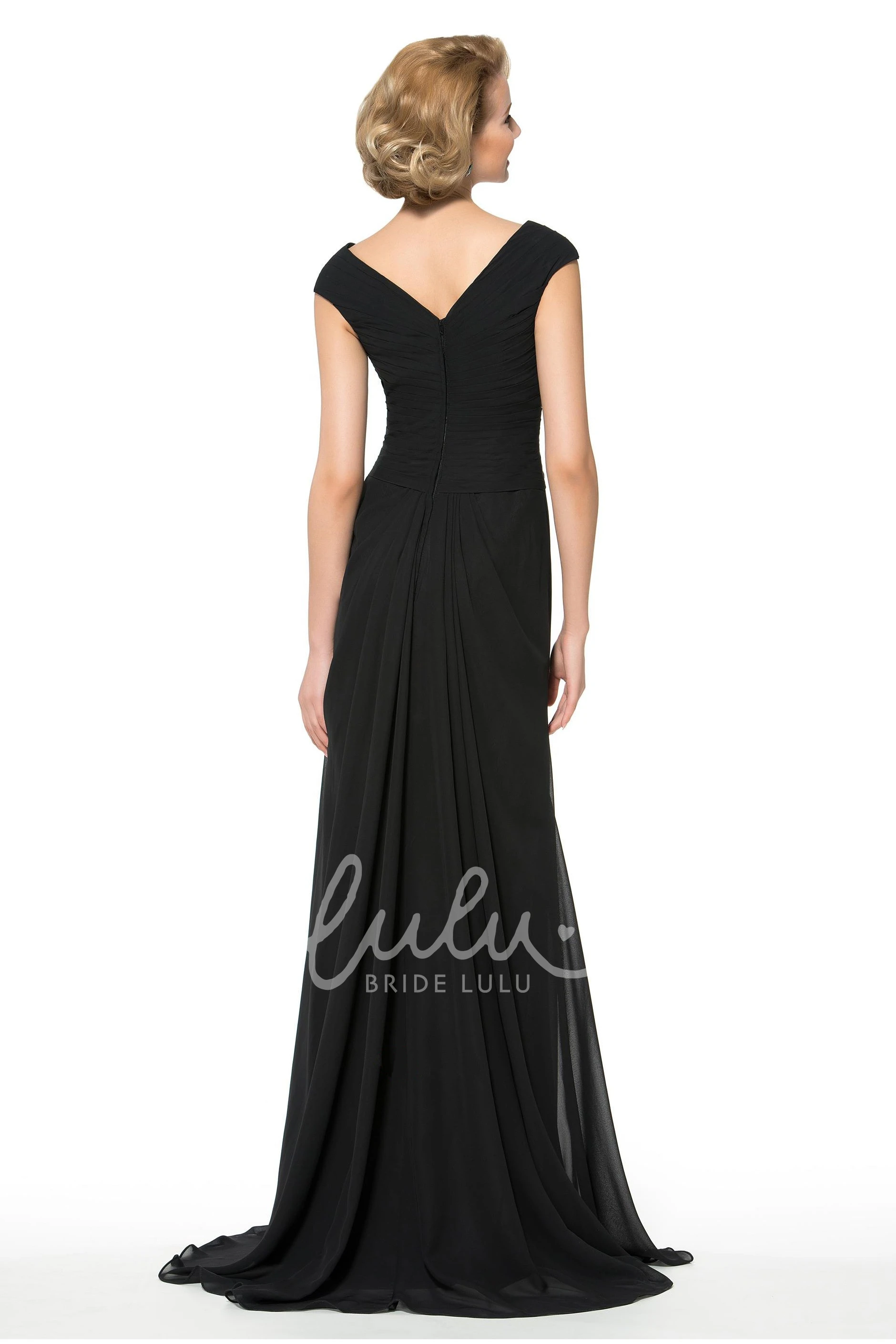 V-Neck Cap Sleeve Chiffon Long Bridesmaid Dress with Front Split and Beading Simple & Elegant