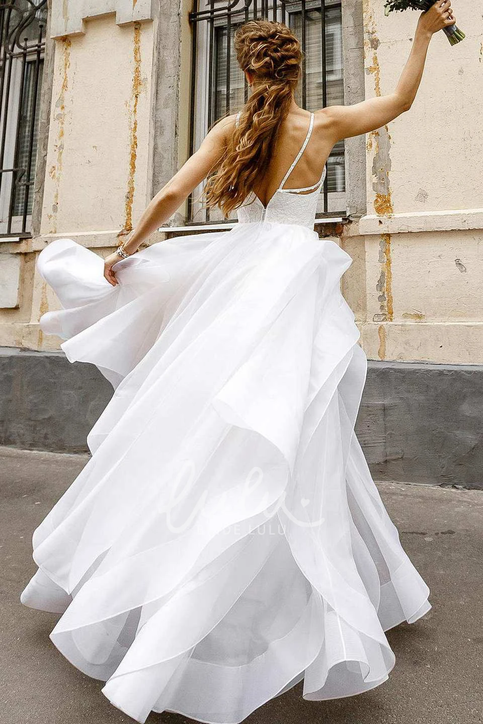 Layered Spaghetti Wedding Dress with Lace Top