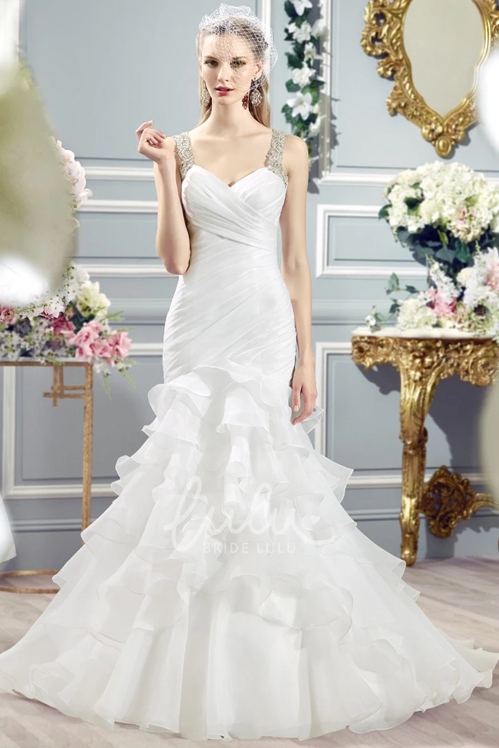 Organza Ruffled Strapless A-Line Wedding Dress with Beading and Tiers