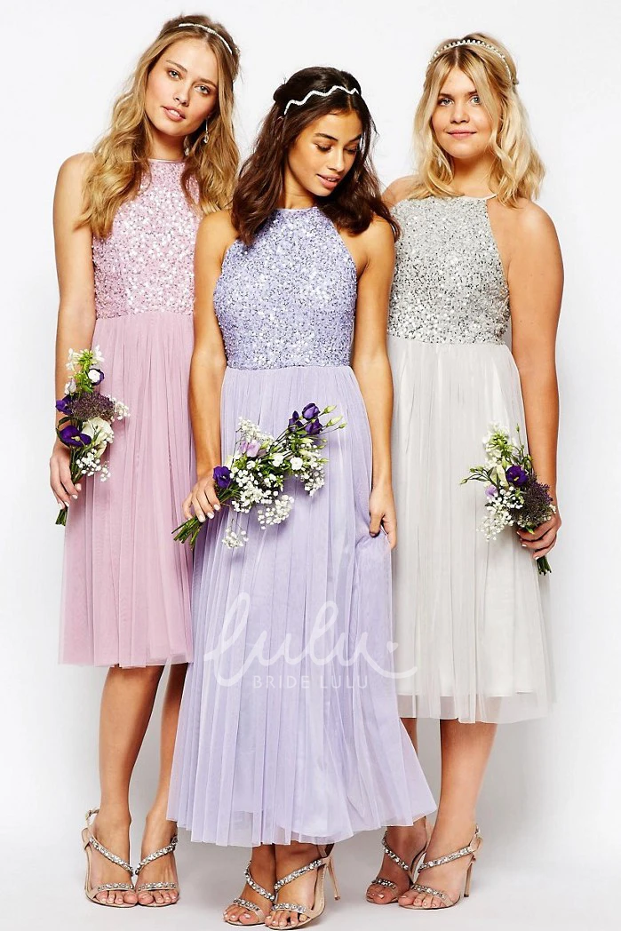 Sleeveless Sequined A-Line Tulle Bridesmaid Dress with Pleats Tea-Length