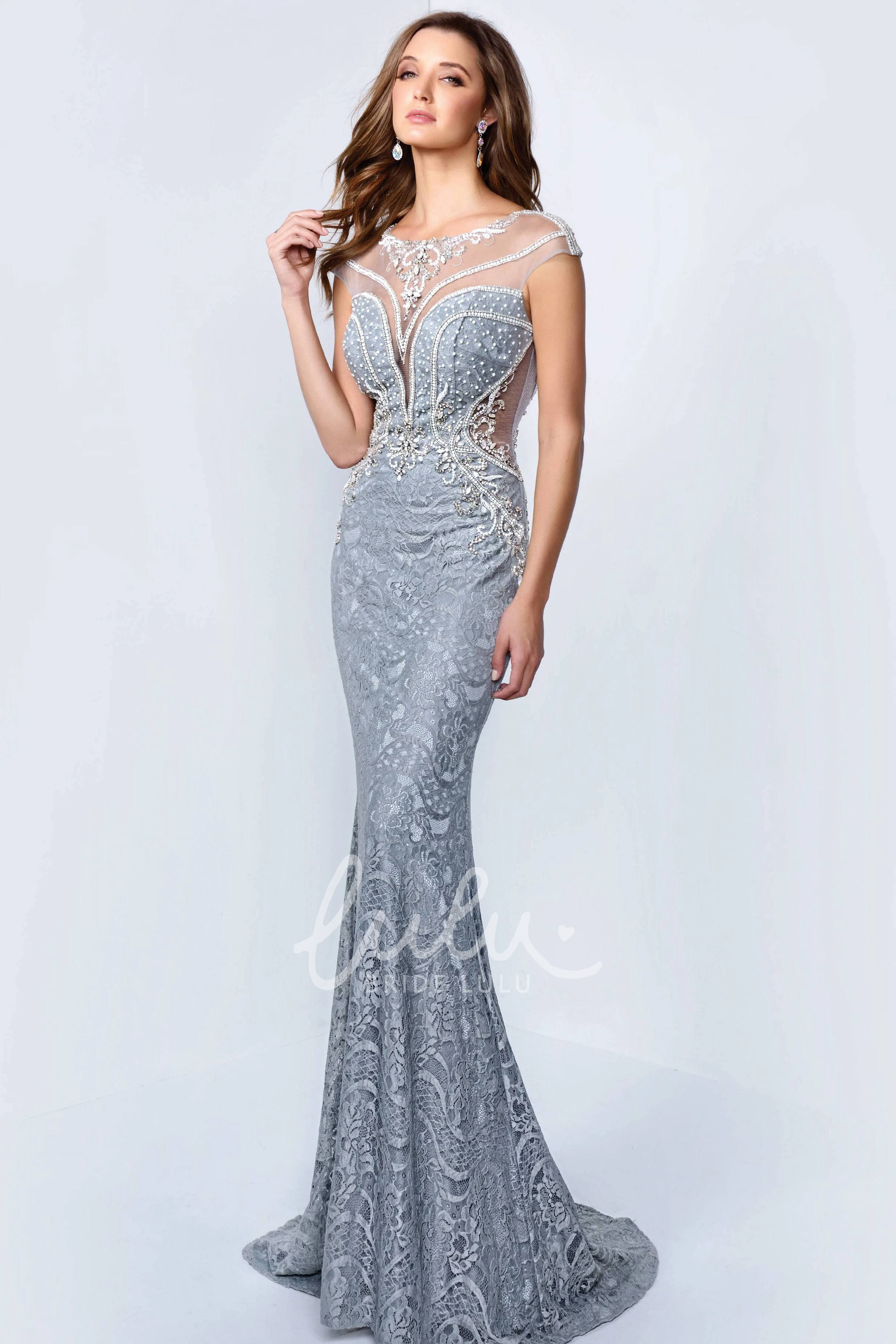Lace Illusion Cap-Sleeve Sheath Formal Dress with Beading Elegant and Unique