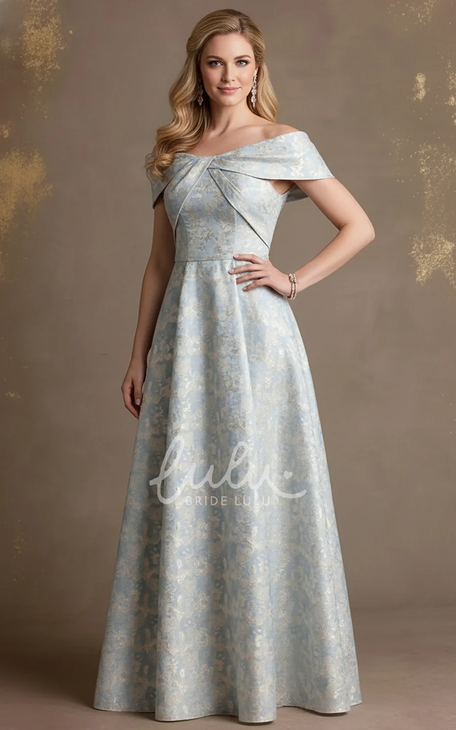A Line Mother of the Bride Dress Jacquard Off Shoulder Pleated Bodice Formal Evening Gown Floor Length Elegant