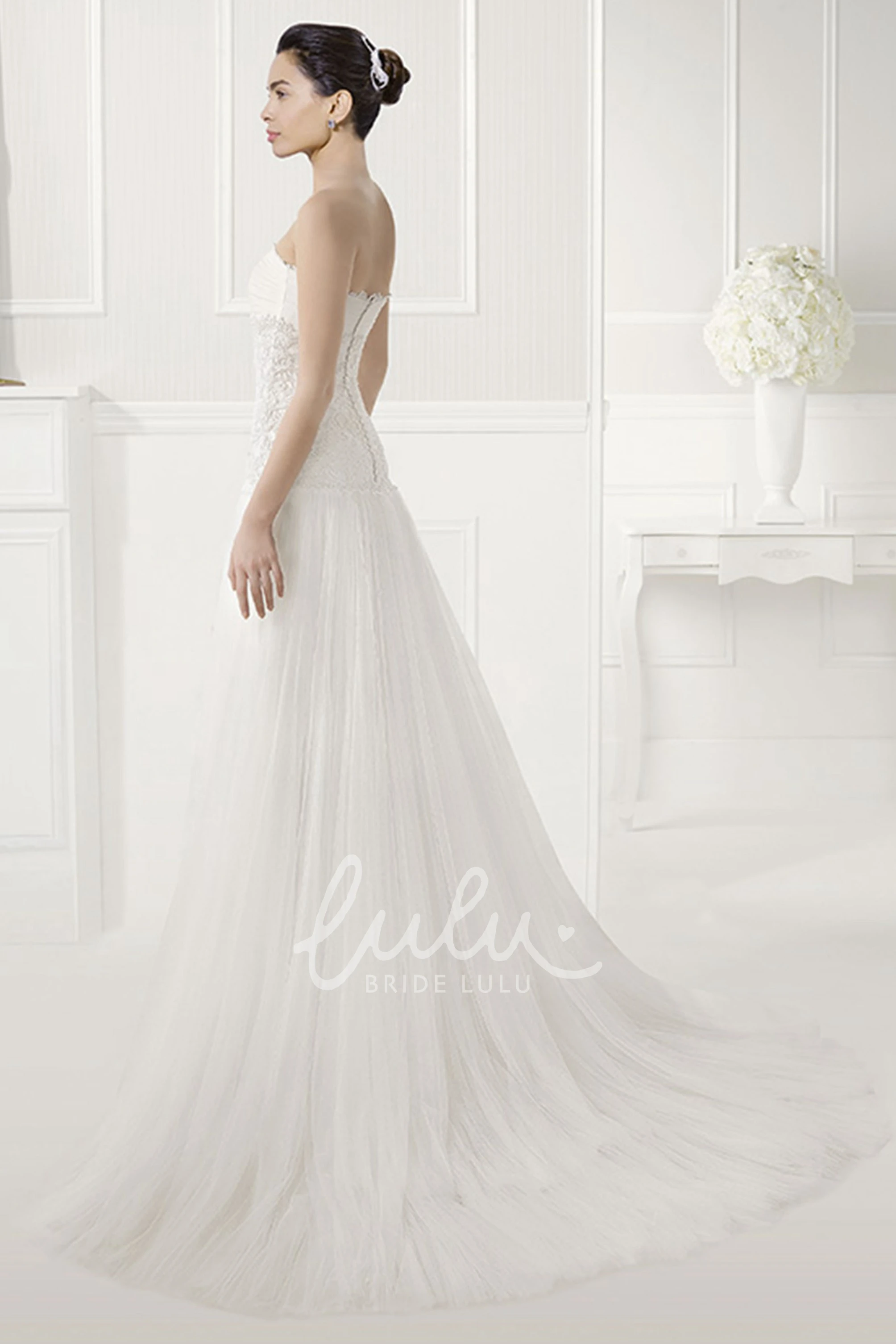 Applique Tulle Drop Waist Dress with Flower Unique Wedding Gown