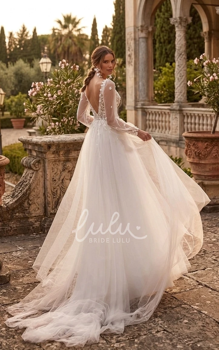 Elegant Romantic A-Line Plunging Neckline Floor-length Lace Appliques Tulle Spring Wedding Dress Sexy Ethereal Spaghetti Long Sleeve Deep-V Back Bridal Gown