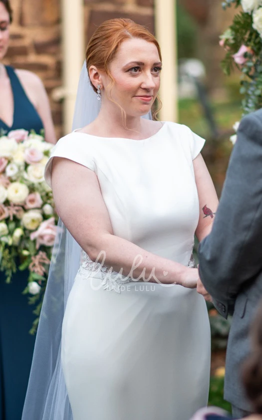 Solid Satin Mermaid Jewel Neckline Sweep Train Short Cap Sleeve Garden Wedding Dress