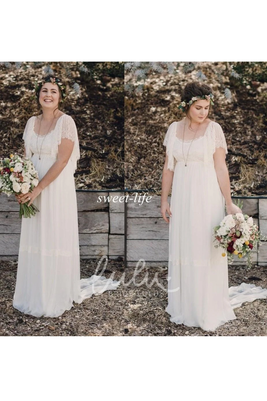 Chiffon A-Line Wedding Dress with Scoop Neckline Lace Details and Zipper Closure