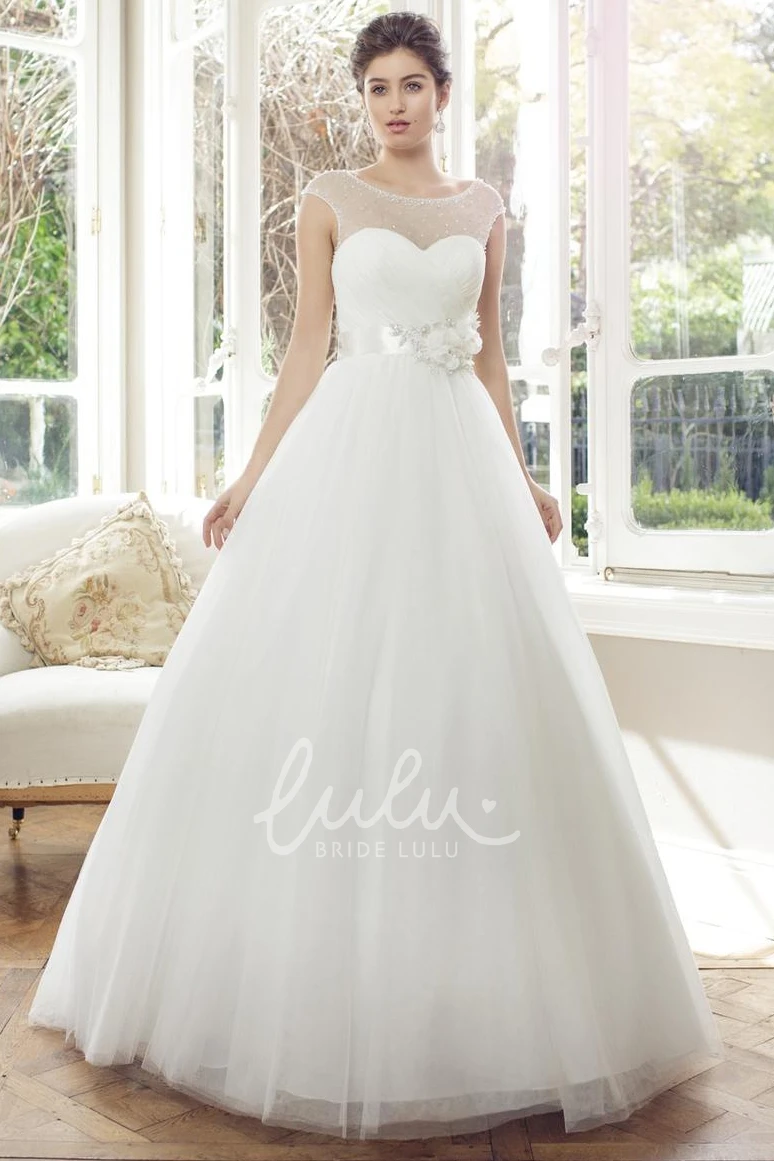 Cap-Sleeve Long Tulle Wedding Dress with Flower Ball Gown