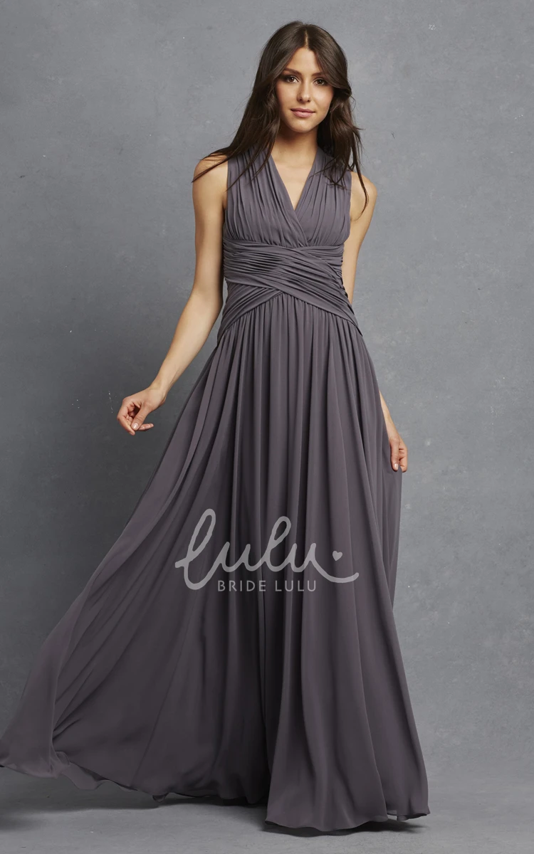 V-Neck Sleeveless Chiffon Dress with Ruching and Crisscross Detail