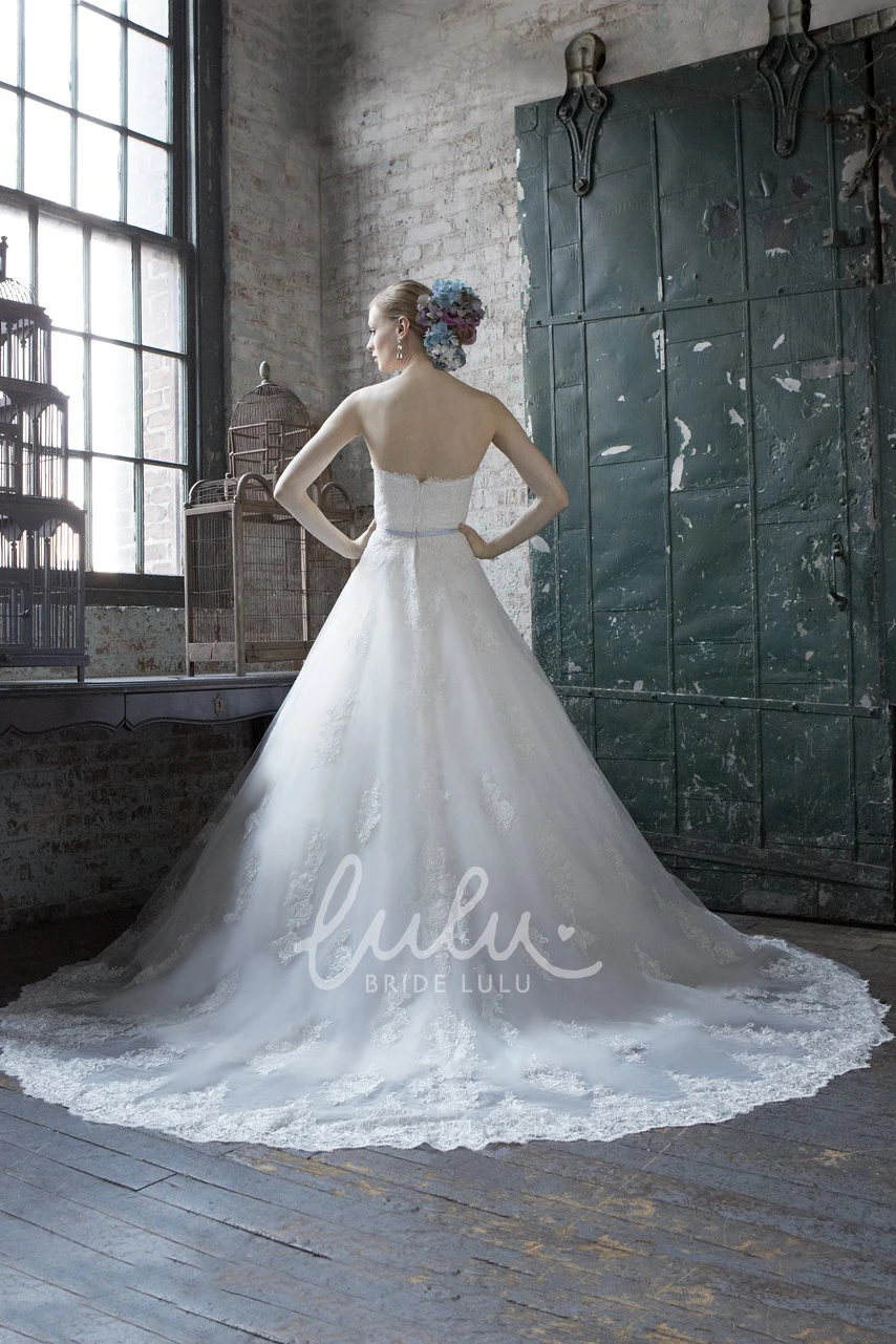 Strapless Lace Wedding Dress with Appliques Chapel Train and Backless Style