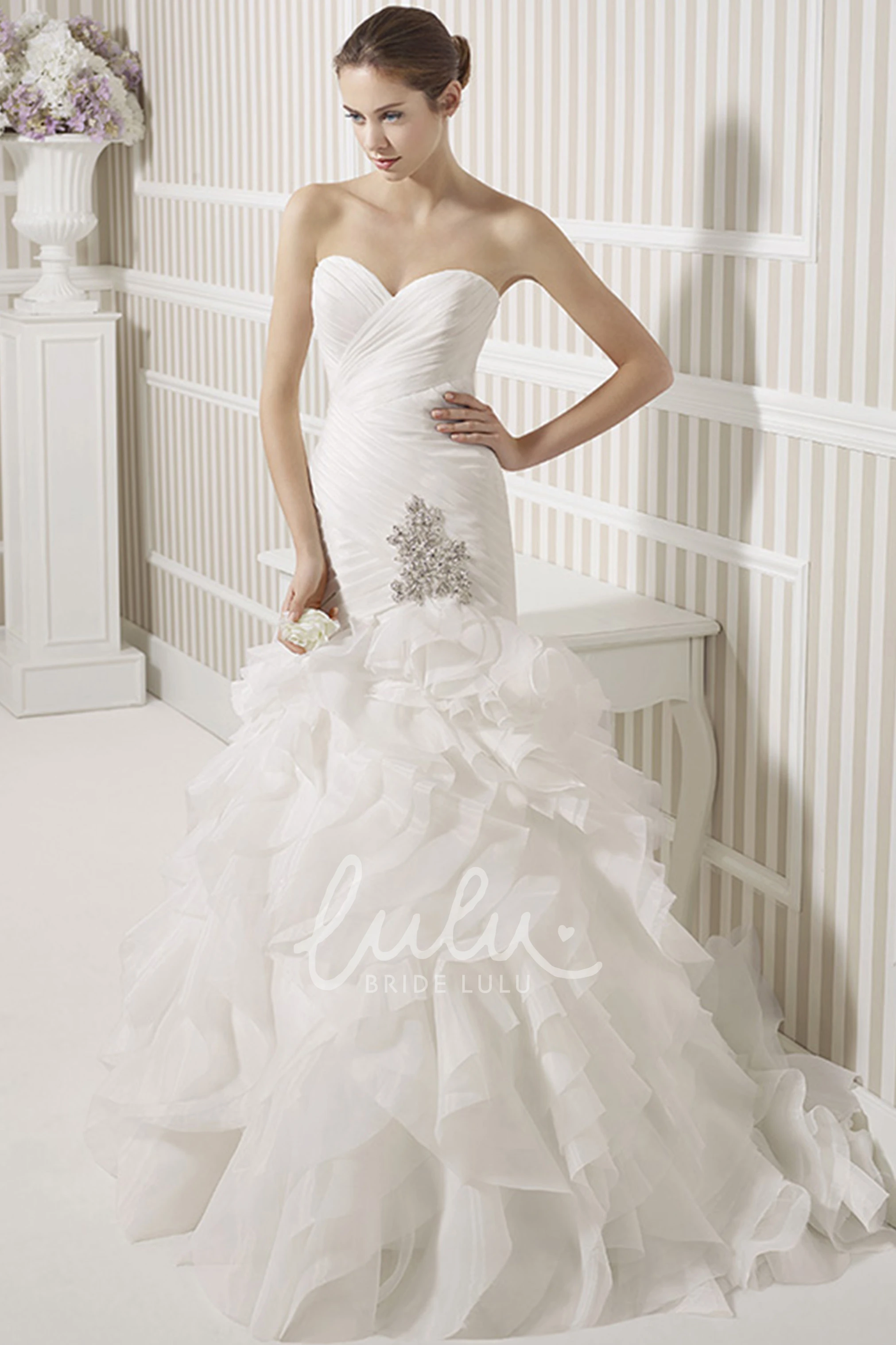 Cascading-Ruffle Sleeveless Sweetheart Organza Mermaid Wedding Dress with Criss Cross and Broach Unique Mermaid Wedding Dress