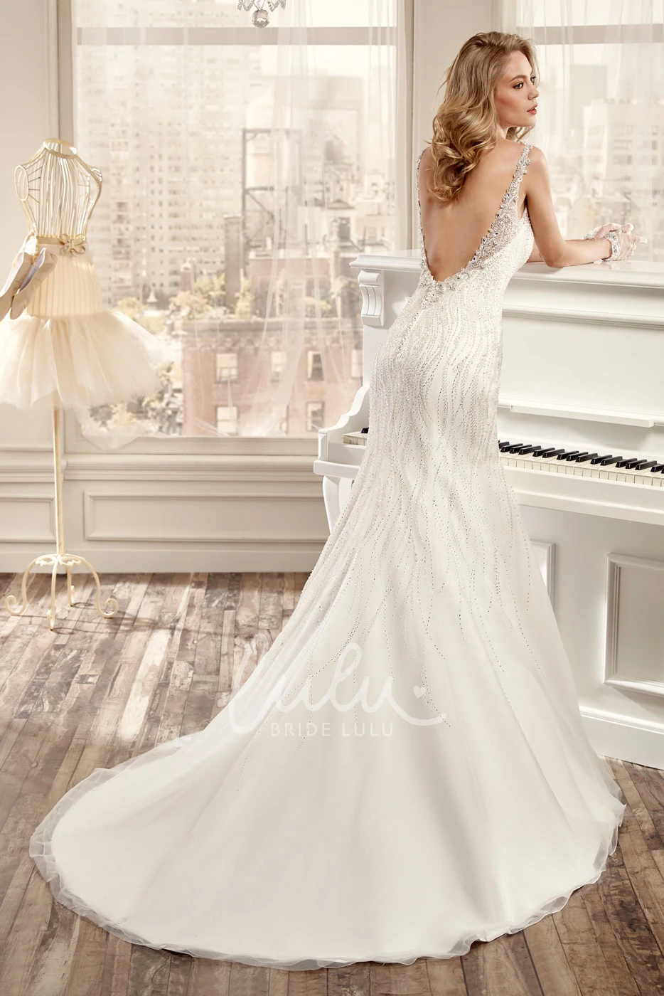 Beaded Mermaid Illusive Neckline Wedding Dress with Open Back