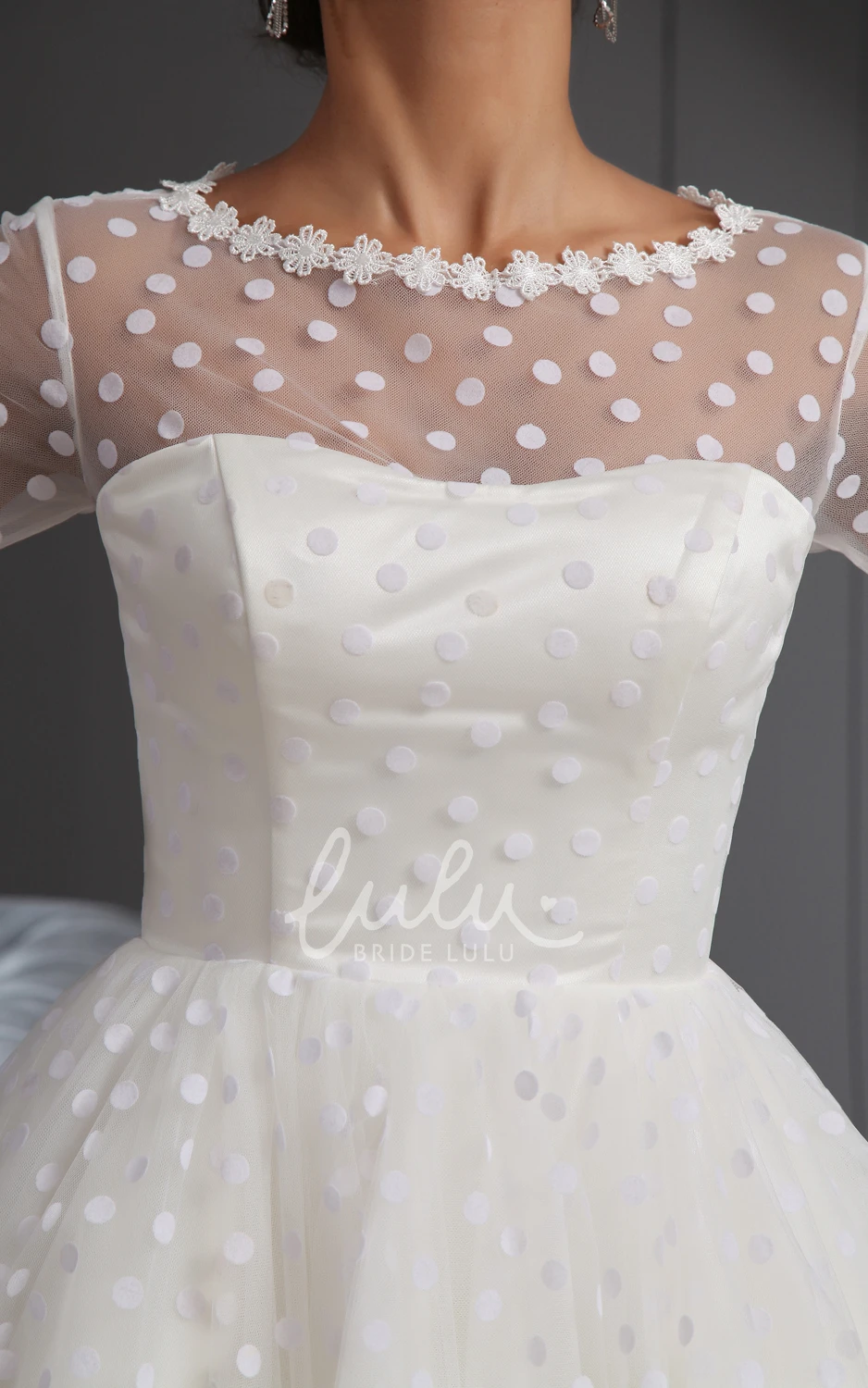 Knee-Length A-Line Wedding Dress with Half-Sleeves Dot and Lace Details