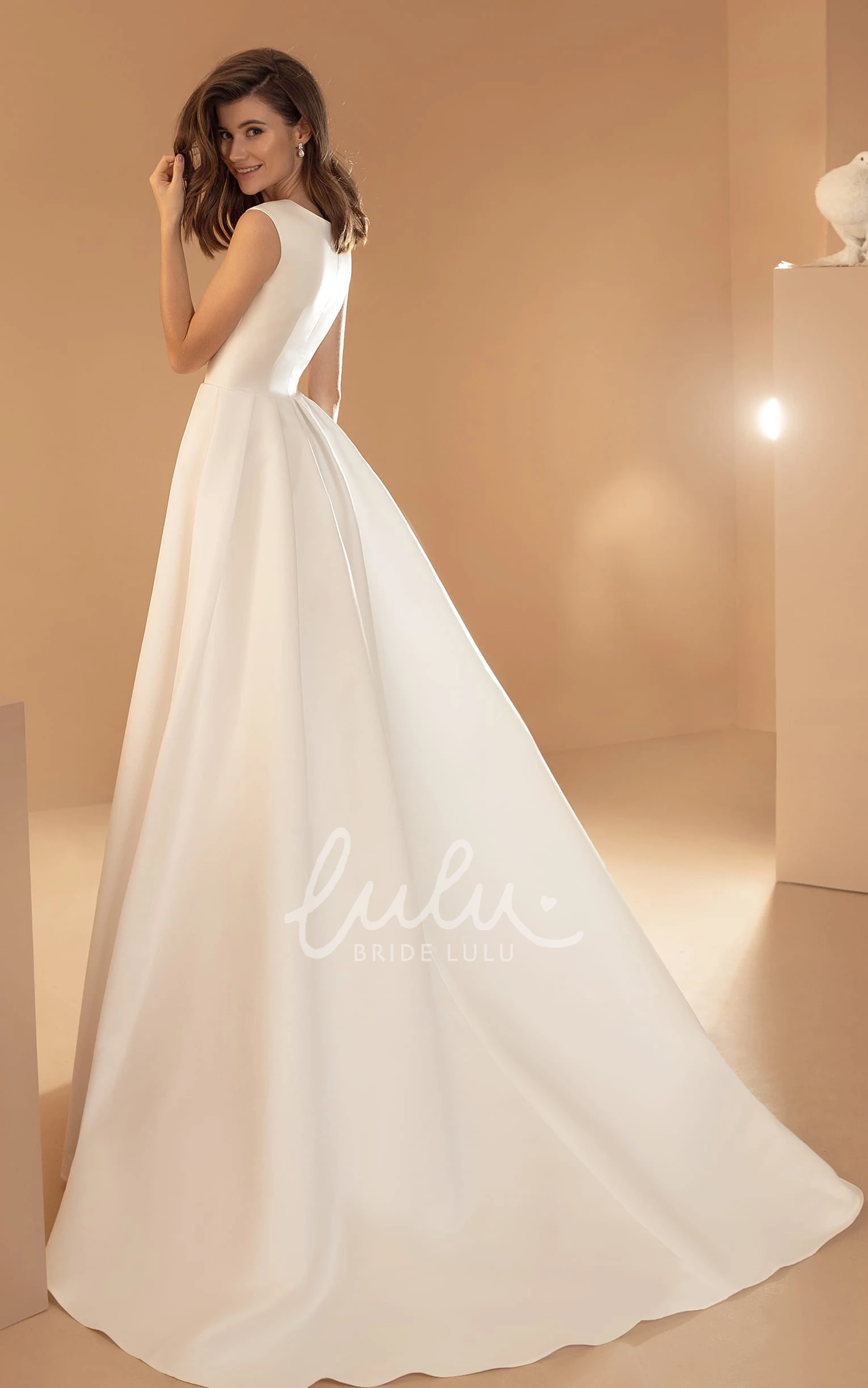 Modern Satin V-neck Ball Gown Wedding Dress with Zipper Back and Pockets