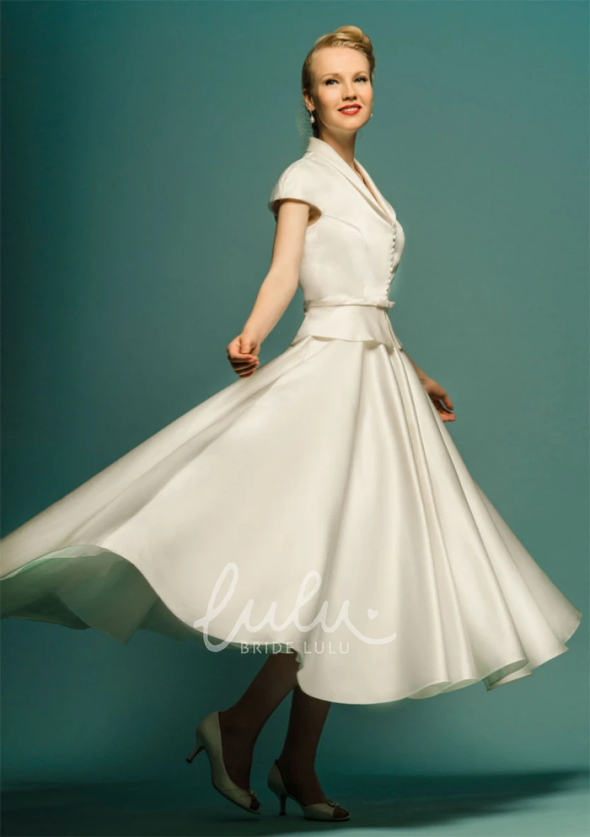 Satin A-Line Wedding Dress Tea-Length Cap Sleeve Scoop Neck