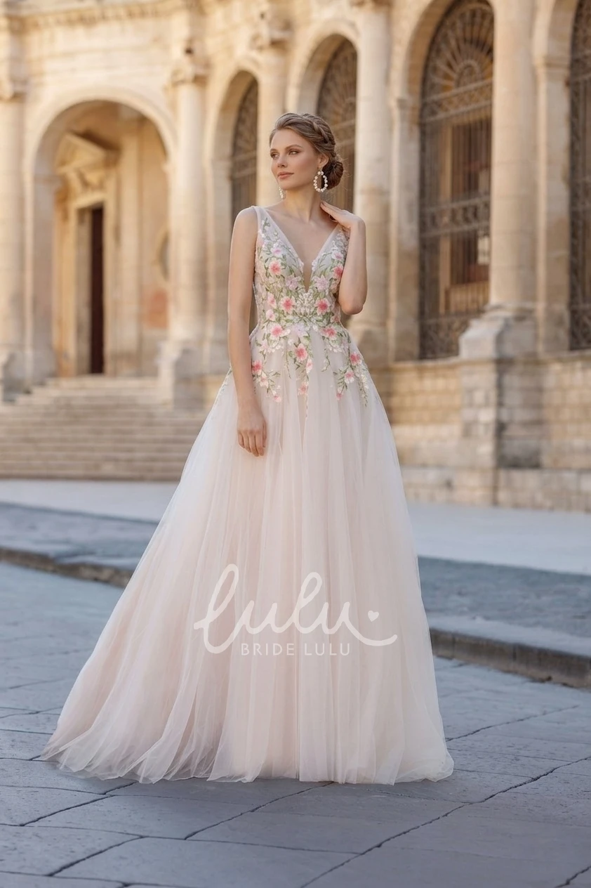 Elegant Sexy A-Line V-Neck Lace Tulle Spring Wedding Dress with Deep V Back and Flowers