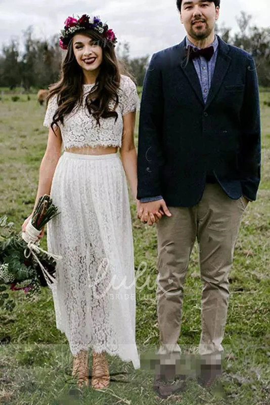 Jewel Lace A-Line Wedding Dress with Short Sleeves and Corset Back