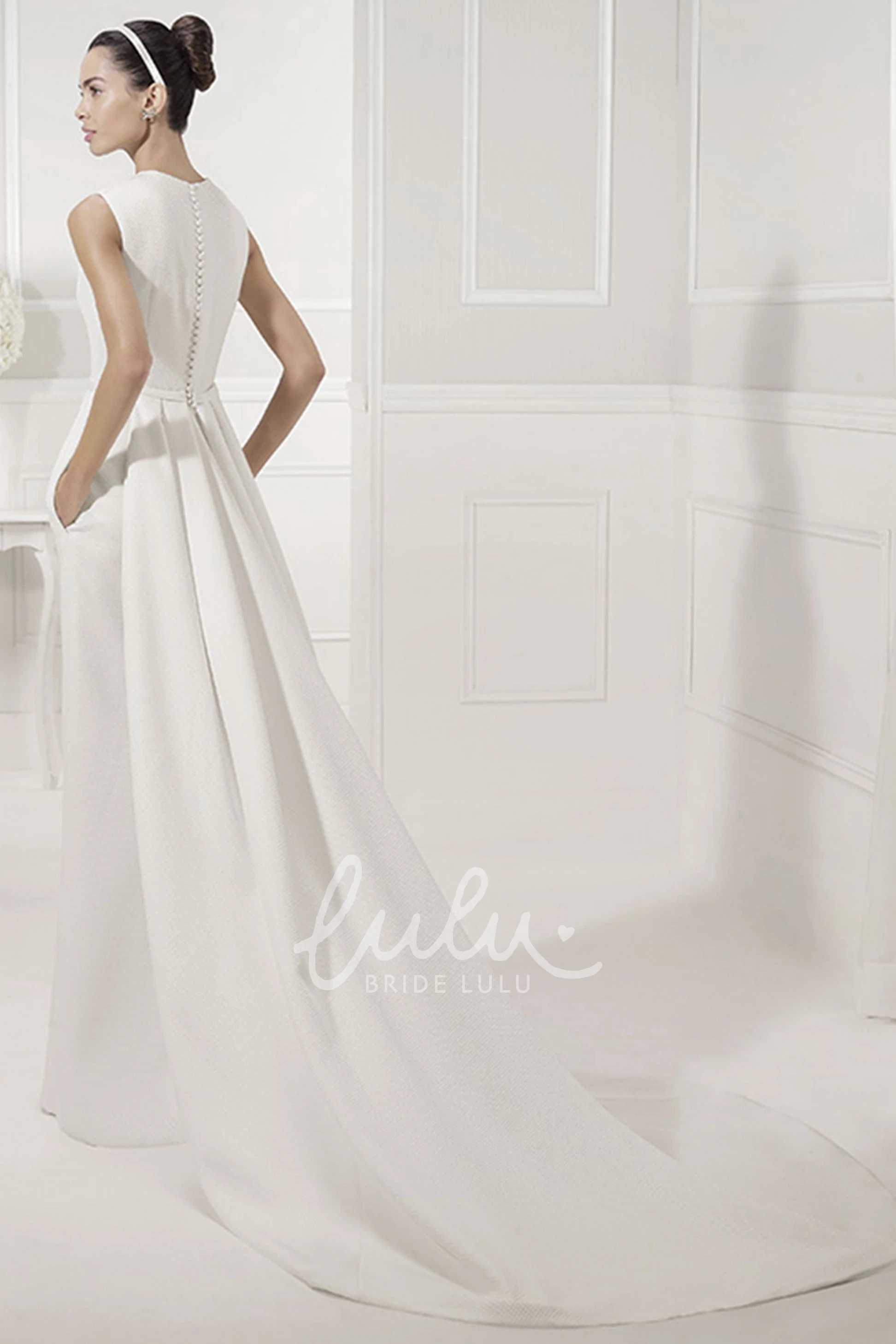 High Neck Sleeveless Sheath Bridal Gown with Belt Simple Elegant Wedding Dress