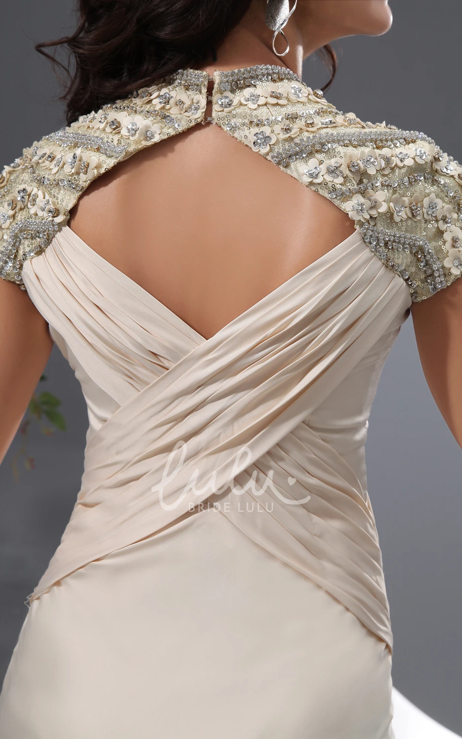 Queen Anne Evening Gown with Cap Sleeves and Beading for Formal Events