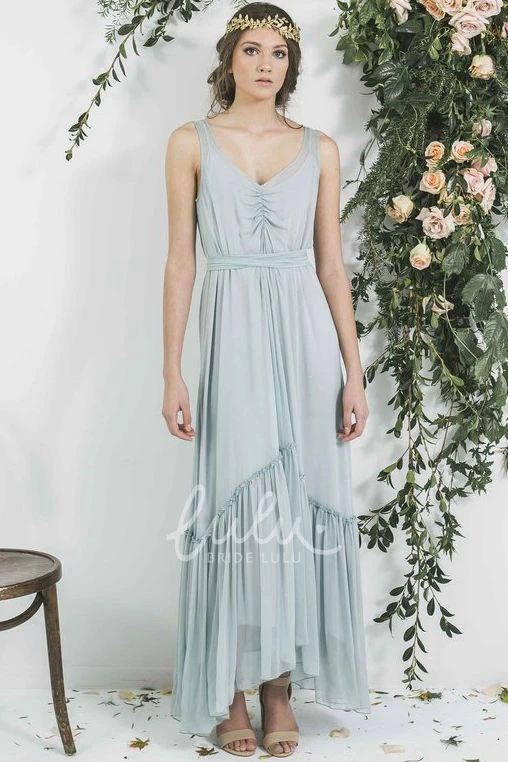 Sleeveless V-Neck Chiffon Bridesmaid Dress with High-Low Hem and Ribbon