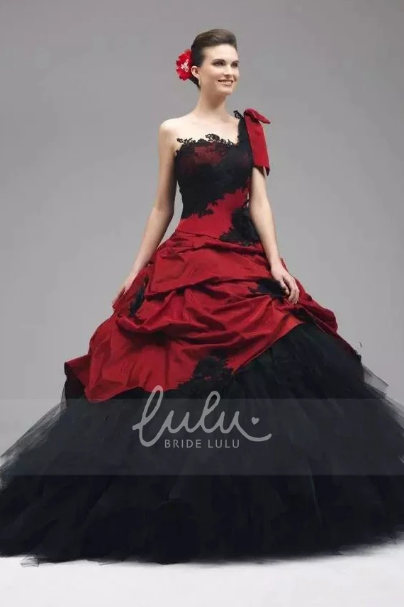 One-shoulder Ball Gown Taffeta Tulle Wedding Dress with Appliques and Ruffles Floor-length