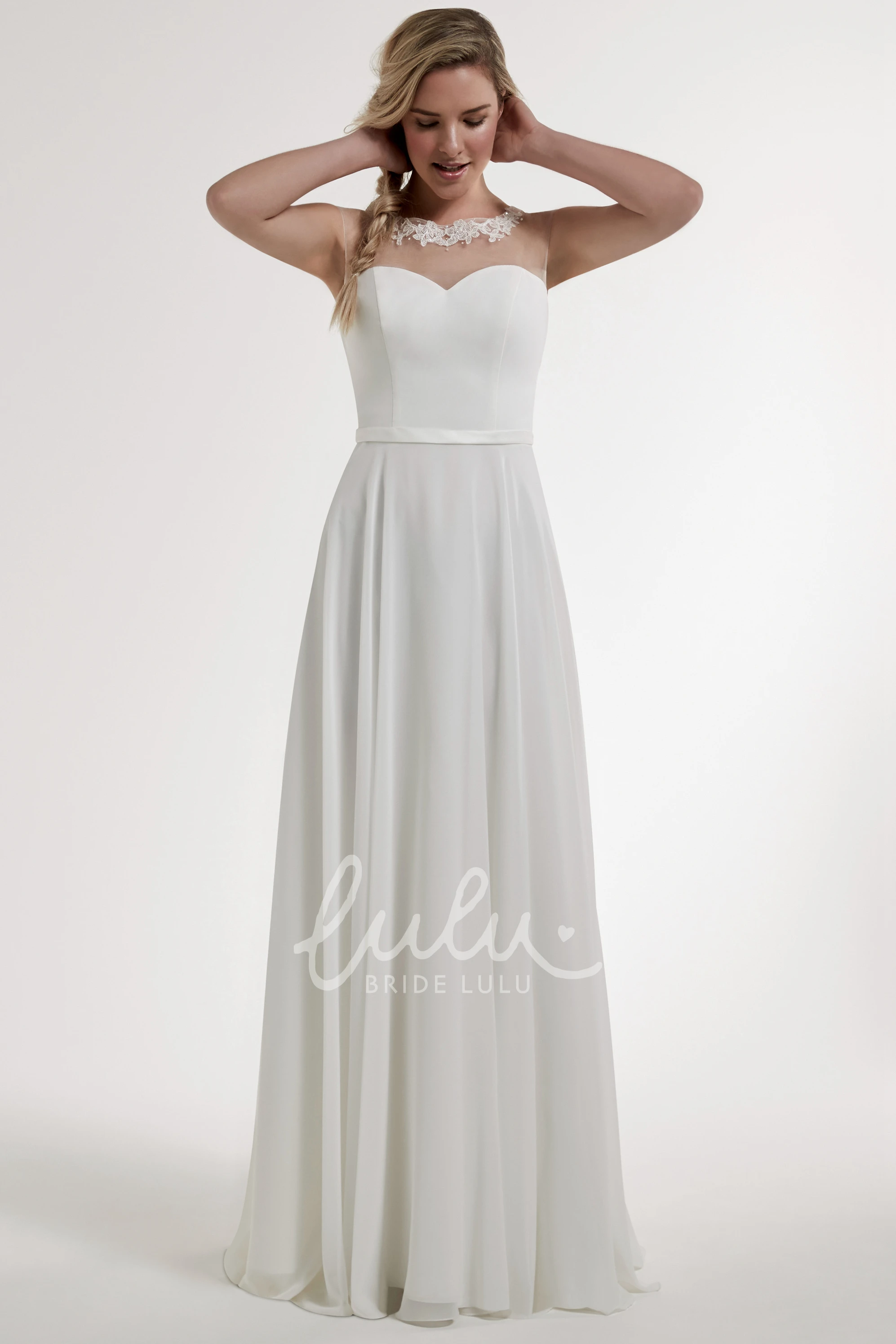 Sleeveless A-Line Satin Wedding Dress with Appliques and Illusion Back